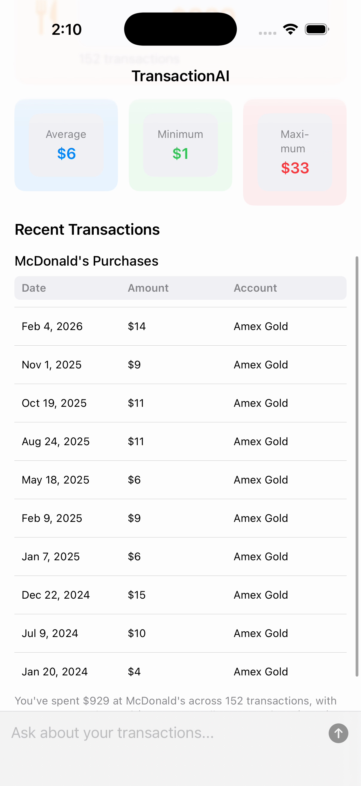 Expenses AI generating a McDonald's spending breakdown with stats and transaction table
