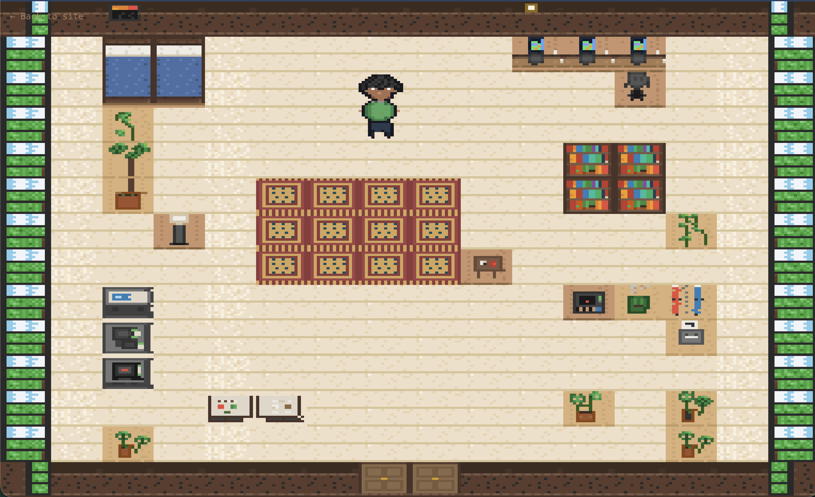 Pixel art rendering of Sameer's apartment with plants, kitchen island, and computer desk