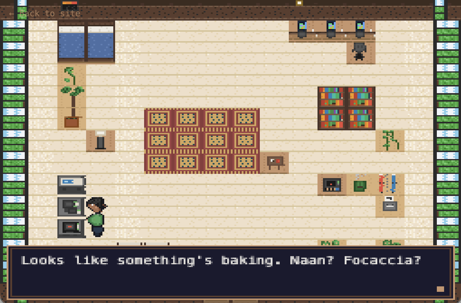 Sameer standing by the oven - dialog reads: Looks like something's baking. Naan? Focaccia?