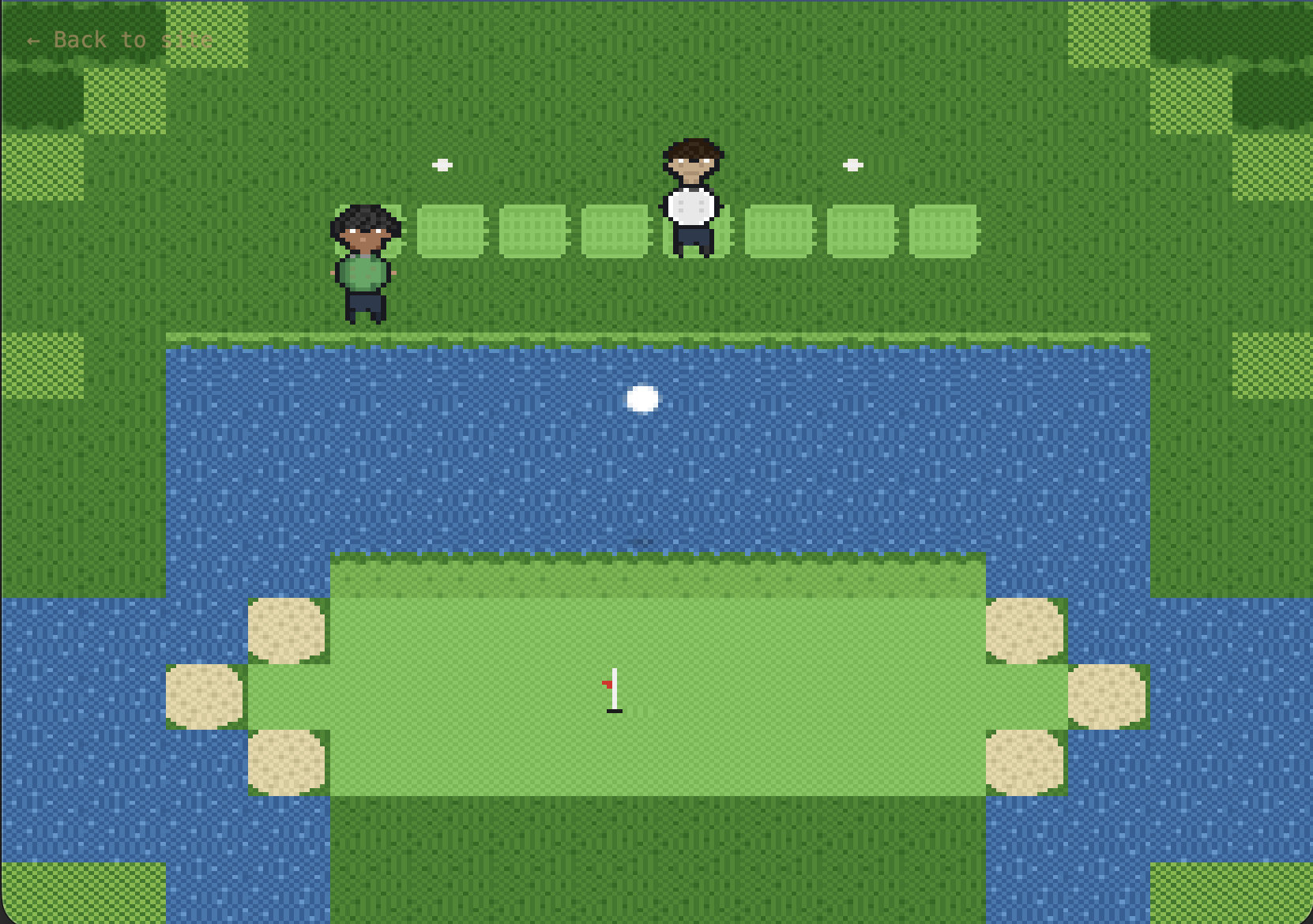 Hole 15 overwater par 3 with Aaron Young NPC on the tee box and a golf ball in mid-flight