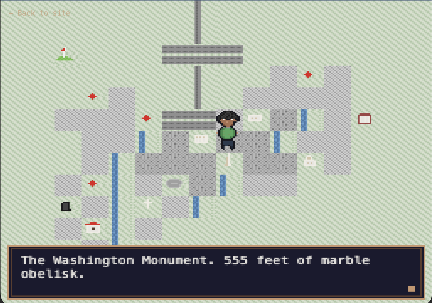 Pixel art overworld map of the DC metro area with landmarks