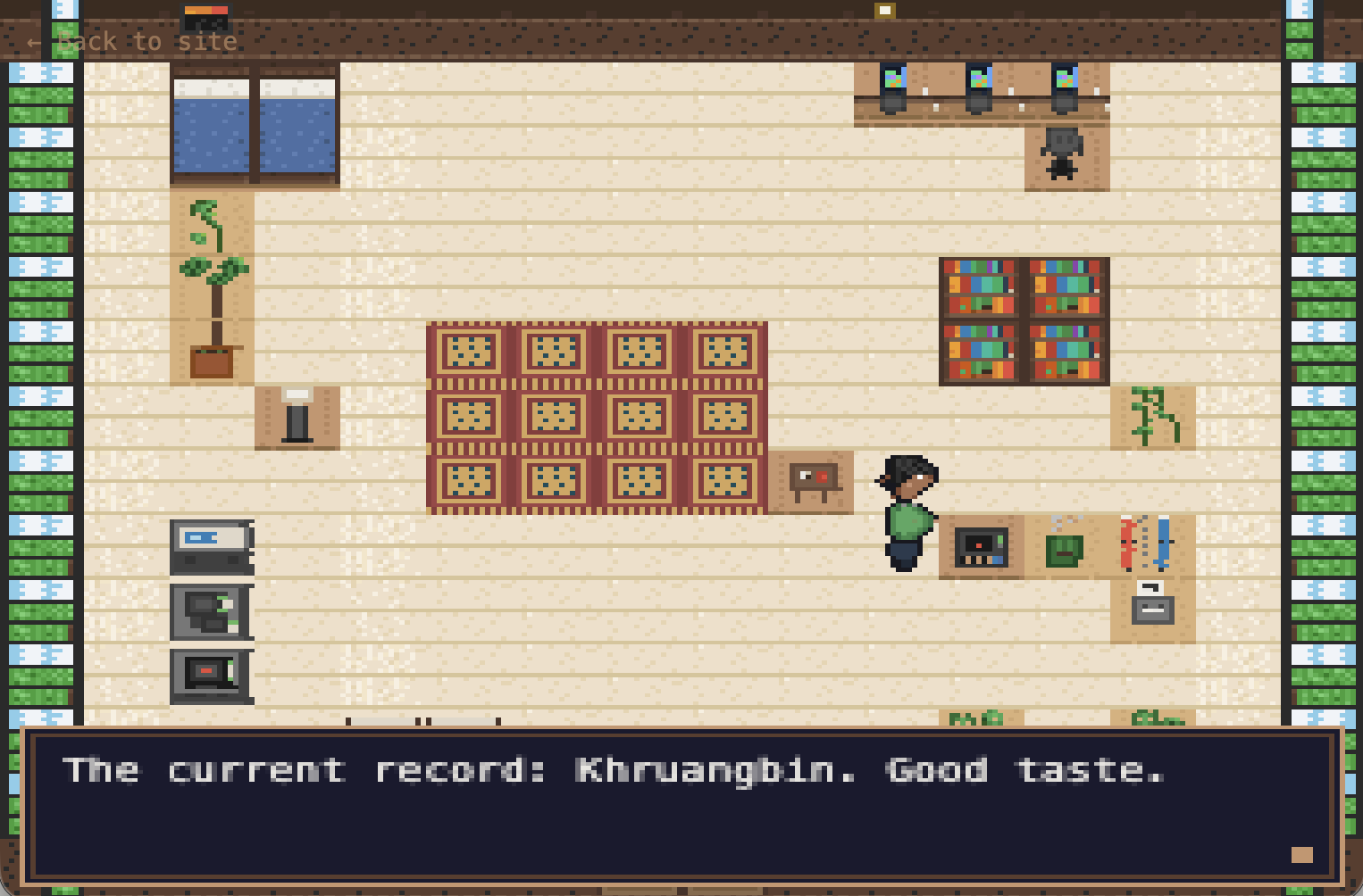 Sameer next to the record player - dialog reads: The current record: Khruangbin. Good taste.